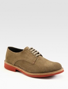 Smooth suede dress shoe with brick colored sole for a modern twist.Leather upperLeather liningPadded insoleRubber soleMade in Italy Smooth suede dress shoe with brick colored sole for a modern twist.Leather upperLeather liningPadded insoleRubber soleMade in Italy