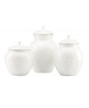 With an elegant white-on-white pattern featuring an embossed vine motif and radiant glaze, the Opal Innocence Carved canisters from Lenox add endless refinement to your kitchen.  Qualifies for Rebate