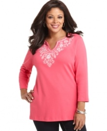 An embroidered neckline lends an elegant feel to Karen Scott's three-quarter sleeve plus size kurta top-- team it with your favorite casual bottoms. An embroidered neckline lends an elegant feel to Karen Scott's three-quarter sleeve plus size kurta top-- team it with your favorite casual bottoms.