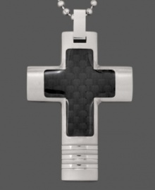 Keep the faith. This symbolic men's pendant features a cross shape set in stainless steel and black carbon fiber. Approximate length: 24 inches. Approximate drop length: 2 inches. Approximate drop width: 1-1/4 inches. Keep the faith. This symbolic men's pendant features a cross shape set in stainless steel and black carbon fiber. Approximate length: 24 inches. Approximate drop length: 2 inches. Approximate drop width: 1-1/4 inches.