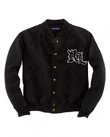 Classic varsity-inspired detailing and stylish graphics give the cotton-knit jacket a cool vintage look. Classic varsity-inspired detailing and stylish graphics give the cotton-knit jacket a cool vintage look.