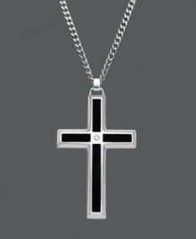 A bold statement of faith, this men's stainless steel cross pendant features a black enamel pattern with a diamond accent. Cross necklace featured on curb chain. Approximate length: 24 inches. Approximate drop: 1-1/2 inches. A bold statement of faith, this men's stainless steel cross pendant features a black enamel pattern with a diamond accent. Cross necklace featured on curb chain. Approximate length: 24 inches. Approximate drop: 1-1/2 inches.