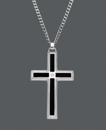 A bold statement of faith, this men's stainless steel cross pendant features a black enamel pattern with a diamond accent. Cross necklace featured on curb chain. Approximate length: 24 inches. Approximate drop: 1-1/2 inches.