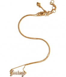 Work an edge of glamour into day and evening looks alike with Juicy Coutures shimmering logo necklace - White crystal encrusted logo, lobster-claw closure, adjustable length - Wear with tissue tees and jeans, or dress up with cocktail dresses and blazers Work an edge of glamour into day and evening looks alike with Juicy Coutures shimmering logo necklace - White crystal encrusted logo, lobster-claw closure, adjustable length - Wear with tissue tees and jeans, or dress up with cocktail dresses and blazers