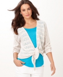 This petite tie front cardigan from Jones New York Signature looks fresh in openwork stitching, making it an ideal cover-up for the spring. (Clearance)