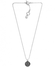 On the ball. This trendy pendant by Michael Kors puts the chic back into disco with pave-set black crystal accents and a silver tone mixed metal setting. Pendant strung from a ball chain with a toggle clasp and MK lock charm. Approximate length: 16 inches + 5-inch extender. Approximate drop: 1/2 inch.