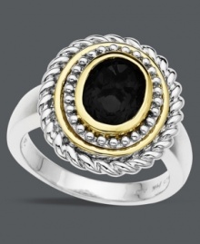 Intricate bliss. A swirling, beaded setting in sterling silver and 14k gold highlights the bold oval onyx (1-5/8 mm) that sits at the center of this standout ring. Size 7. Intricate bliss. A swirling, beaded setting in sterling silver and 14k gold highlights the bold oval onyx (1-5/8 mm) that sits at the center of this standout ring. Size 7.