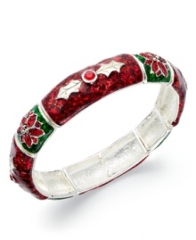 Tis the season for colorful sparkle! This glittery Charter Club bracelet kicks off the season with poinsettia and glitter detail. Stretches to fit wrist. Crafted in silver tone mixed metal. Approximate diameter: 2-1/4 inches.