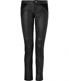 Detailed with stretch paneling for a fantastic fit, Vanessa Bruno Ath?s lambskin pants are a contemporary-cool take on one of this seasons favorite trends - Zippered front slit pockets, back patch pockets, zip fly, button closure, belt looks, outside ankle zips - Form-fitting - Team with chunky knits and heels, or try with blazers and carryall totes for work