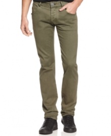 Your new off-duty uniform: Five-pocket, straight legs from Armani Jeans; made of bull denim-the stuff that's even heavier and more durable than ordinary denim-dyed to military olive and finished with the Armani eagle patch and hardware. Your new off-duty uniform: Five-pocket, straight legs from Armani Jeans; made of bull denim-the stuff that's even heavier and more durable than ordinary denim-dyed to military olive and finished with the Armani eagle patch and hardware.
