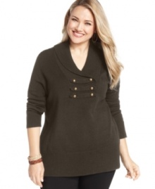 Salute the cold weather season with Debbie Morgan's shawl collar plus size sweater, featuring military styling. Salute the cold weather season with Debbie Morgan's shawl collar plus size sweater, featuring military styling.