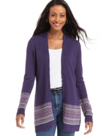 Charter Club's cozy open-front cardigan features Fair Isle knit and beading embellishment for the right sparkling touch. It's perfect for the weekend with jeans and a tee!