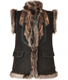 Take a worldly stance on elegance this season in Etros exquisitely luxurious dark chocolate lambskin vest, detailed with tonal fur lining and ultra modern characteristic printed leather patchworking for unique results tailored to multi-season sophistication - Short stand-up fur collar, sleeveless, fur trim, front hook-and-bar closures, front patch pockets, patchworked seaming - Tailored fit - Pair with printed shirts, bright trousers and slipper-style loafers