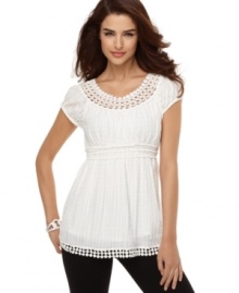 This gauzy short-sleeve top from Studio M features an allover texture and an open crocheted trim for a fresh take on the trendy pleasant blouse.