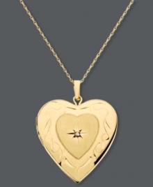 A timeless treasure. This luminous locket features an adorable heart shape accented by a sparkling diamond center and an elegant scroll engraving. Locket opens and closes to hold your favorite memories safe. Crafted in 14k gold. Approximate length: 18 inches. Approximate drop: 1 inch. A timeless treasure. This luminous locket features an adorable heart shape accented by a sparkling diamond center and an elegant scroll engraving. Locket opens and closes to hold your favorite memories safe. Crafted in 14k gold. Approximate length: 18 inches. Approximate drop: 1 inch.