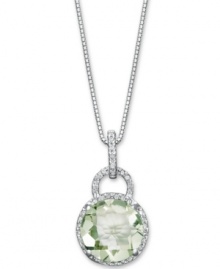 Treat yourself to a touch of luxury. A round-cut green quartz (3-1/3 ct. t.w.) surrounded by a halo of round-cut diamonds (1/4 ct. t.w.) adds the perfect pop of color and shine. Crafted in sterling silver. Approximate length: 18 inches. Approximate drop: 1/2 inch. Treat yourself to a touch of luxury. A round-cut green quartz (3-1/3 ct. t.w.) surrounded by a halo of round-cut diamonds (1/4 ct. t.w.) adds the perfect pop of color and shine. Crafted in sterling silver. Approximate length: 18 inches. Approximate drop: 1/2 inch.