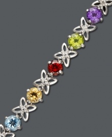 Add a playful touch to any look. This colorful bracelet features flower-shaped links and highlights round-cut blue topaz (1-3/4 ct. t.w.), amethyst (1-1/8 ct. t.w.), citrine (1-9/10 ct. t.w.), peridot (1-1/2 ct. t.w.), garnet (1-3/4 ct. t.w.) and diamond accents. Crafted in sterling silver. Approximate length: 7 inches.