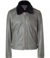 The forever favorite bomber jacket gets an ultra luxe lift in Marc Jacobs fur trimmed slate leather silhouette - Black fur collar, long sleeves, snapped cuffs, metal front zip, zippered and slit pockets, epaulettes - Classic slim straight cut - Wear with everything from favorite jeans and boots to edgy knits and tailored trousers