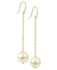 Elegance defined. Delicate chains highlight shimmering cultured freshwater pearls (10 mm) and cubic zirconia-accented drops. Set in 14k gold over sterling silver. Approximate drop: 2 inches. Elegance defined. Delicate chains highlight shimmering cultured freshwater pearls (10 mm) and cubic zirconia-accented drops. Set in 14k gold over sterling silver. Approximate drop: 2 inches.