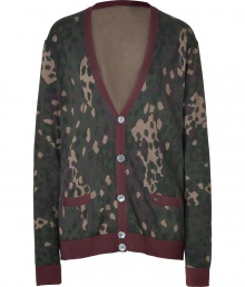 Work a cool edge into your contemporary knitwear collection with Marc by Marc Jacobs cotton camo cardigan - V-neckline, long sleeves, button-down front, front patch pockets, solid brown trim - Modern slim fit - Wear with jeans, sneakers, and a button-down Work a cool edge into your contemporary knitwear collection with Marc by Marc Jacobs cotton camo cardigan - V-neckline, long sleeves, button-down front, front patch pockets, solid brown trim - Modern slim fit - Wear with jeans, sneakers, and a button-down