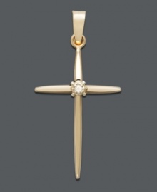Smooth and sleek with a little touch of sparkle. Stylish cross pendant features a slim line design and a round-cut diamond accent at center. Crafted in 14k gold. Approximate drop width: 1/2 inch. Approximate drop length: 1 inch. Smooth and sleek with a little touch of sparkle. Stylish cross pendant features a slim line design and a round-cut diamond accent at center. Crafted in 14k gold. Approximate drop width: 1/2 inch. Approximate drop length: 1 inch.