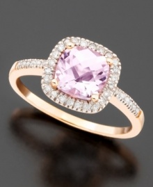 Brighten your day with a burst of beautiful color. This pretty ring features a cushion-cut pink amethyst (1-1/3 ct. t.w.) surrounded by round-cut diamonds (1/5 ct. t.w.) set in 14k rose gold. Brighten your day with a burst of beautiful color. This pretty ring features a cushion-cut pink amethyst (1-1/3 ct. t.w.) surrounded by round-cut diamonds (1/5 ct. t.w.) set in 14k rose gold.