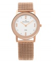 Warm up your everyday style with this easy on/easy off watch by Skagen Denmark. Rose-gold tone stainless steel mesh expansion bracelet and round case. White dial features applied rose-gold tone numerals at twelve, three, six and nine o'clock, dot markers, eight crystal elements by Swarovski, two rose-gold tone hands and logo. Quartz movement. Water resistant to 30 meters. Limited lifetime warranty.