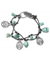 Knot your typical bracelet. Lucky Brand's leather bracelet features reconstituted semi-precious turquoise nuggets and silver tone openwork charms on a knotted leather cord. Approximate length: 7-1/2 inches.