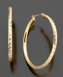 Diamond-cut 14k gold adds a fun, textured twist to these classic hoop earrings. Approximate diameter: 1-1/2 inches. Diamond-cut 14k gold adds a fun, textured twist to these classic hoop earrings. Approximate diameter: 1-1/2 inches.