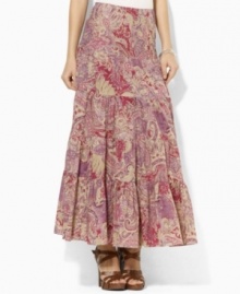 Intricate paisley rendered on Lauren by Ralph Lauren's soft woven cotton skirt exudes rich femininity in a flowing, tiered silhouette. Intricate paisley rendered on Lauren by Ralph Lauren's soft woven cotton skirt exudes rich femininity in a flowing, tiered silhouette.
