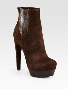 Wildly chic suede ankle boot has elastic side gores, genuine snakeskin print trim and a stacked platform. Self-covered heel, 5½ (140mm)Stacked platform, 1½ (40mm)Compares to a 4 heel (100mm)Suede, snakeskin print and elastic upperPull-on styleLeather lining and solePadded insoleImported