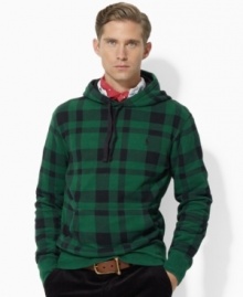 A classic plaid pattern lends an outdoorsy feel to a relaxed-fitting hoodie crafted from a luxe cotton blend.