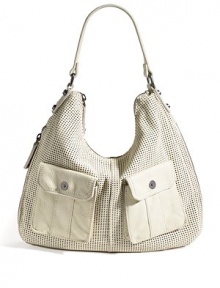 THE LOOKContour hobo style Buttery soft perforated leather Shoulder strap Top zip closure Two outside smooth leather magnetic snap close pockets Expandable zip gusset One inside zip pocket Two inside open pocketsTHE FITShoulder strap, 9 drop 16W X 12½H X 2D Gusset expands to 4½DTHE MATERIALLeather Twill liningORIGINImported