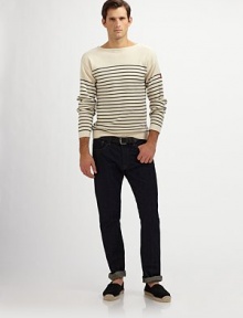 Channeling nautical style, this striped boatneck is the perfect heritage sweater in a luxuriously lightweight blend of cotton and cashmere.BoatneckRibbed detailHand-embroidered logo on arm70% cotton/30%cashmereDry cleanImported Channeling nautical style, this striped boatneck is the perfect heritage sweater in a luxuriously lightweight blend of cotton and cashmere.BoatneckRibbed detailHand-embroidered logo on arm70% cotton/30%cashmereDry cleanImported