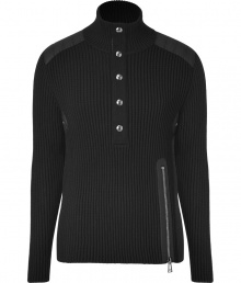 Military-inspired accents add a trend-right flair to this wool sweater from Belstaff - Stand collar, long sleeves, front button half placket, ribbed knit, quilt details at shoulders, grommet side embellishment, exposed asymmetrical zip detail - Wear with jeans, corduroys, chinos, or trousers