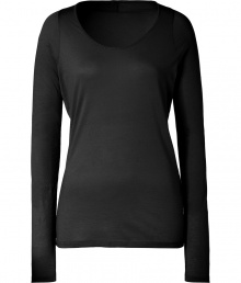 Ground your cool weather casual wardrobe with stylish staples like this black long sleeve t-shirt from Closed - Crafted from super-soft, pure cotton and gently distressed for a look of well-worn chic - Long, lean cut, hits below hips - Fitted sleeves and flattering scoop neck - Wear solo or layer with a blazer or pullover and pair with cigarette pants, jeans or A-line skirts