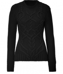 Chunky modern knits are a trend-favorite must this season, and Derek Lams black cabled wool pullover is an ultra luxe choice - Rounded neckline, long sleeves, ribbed trim, side slits, longer in the back, slim fit - Pair with feminine pencil skirts and edgy over-the-knee boots