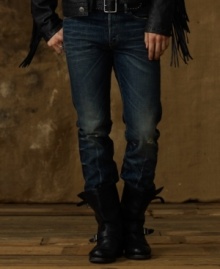 Cut for a true slim fit, this rugged jean is faded, rippled and shredded, making it the modern man's go-to for a cool, carefree uniform. Cut for a true slim fit, this rugged jean is faded, rippled and shredded, making it the modern man's go-to for a cool, carefree uniform.