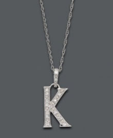 Spell it out in sparkle! This personalized initial charm necklace makes the perfect gift for Karen or Kate. Features sparkling, round-cut diamond accents. Setting and chain crafted in 14k white gold. Approximate length: 18 inches. Approximate drop: 1/2 inch. Spell it out in sparkle! This personalized initial charm necklace makes the perfect gift for Karen or Kate. Features sparkling, round-cut diamond accents. Setting and chain crafted in 14k white gold. Approximate length: 18 inches. Approximate drop: 1/2 inch.