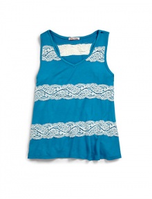 THE LOOKV necklineSleevelessStriped lace designTHE MATERIAL95% rayon/5% spandexTrim: nylonCARE & ORIGINMachine washMade in USA THE LOOKV necklineSleevelessStriped lace designTHE MATERIAL95% rayon/5% spandexTrim: nylonCARE & ORIGINMachine washMade in USA