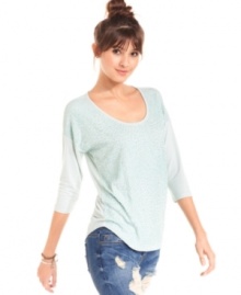 Opt for Eyeshadow's three-quarter sleeve sequin-front top for casual style that goes all out! Opt for Eyeshadow's three-quarter sleeve sequin-front top for casual style that goes all out!