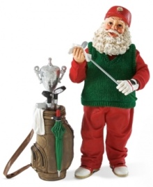 Santa is a great sport! Ready to hit the green with his golf caddy, this Santa figurine adds a playful element to your Christmas decorations.