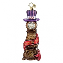 A grandfather clock with top hat and sash celebrates the new year. A grandfather clock with top hat and sash celebrates the new year.
