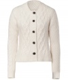 Casual daytime looks get refined redux with By Malene Birgers ivory cable knit cardigan, detailed in an soft textural angora mix for ultra cozy results - Rounded neckline, long sleeves, ribbed trim, button-down front, horn-effect buttons, side slits, cropped boxy fit - Pair with favorite skinnies, or layer over feminine dresses for work