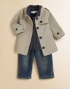 A dapper topper well-tailored for the little guy in soft cotton with shoulder epaulets and buttoned chest flap.Front button closure Slash pockets Buttoned tab at sleeve hem Buttoned back flap Attached back strap Back vent Full cotton lining Cotton Machine wash Imported