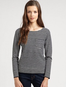 Striped, long-sleeve pocket tee renewed by a plush wool finish and ribbed trim. BoatneckSingle front patch pocketLong sleevesRibbed cuffs and hemWoolDry cleanImportedModel shown is 5'10 (177cm) wearing US size Small.