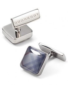 Square cufflinks with subtle check pattern. Logo stamped on back of clasp closure. Square cufflinks with subtle check pattern. Logo stamped on back of clasp closure.