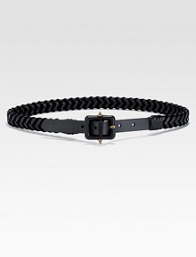 A velvet and leather style with stud detailing on the buckle. Black velvet and leatherShiny brass hardwareSits on the waistLeather covered square buckle with cone-shaped studsWidth, about 1Made in Italy A velvet and leather style with stud detailing on the buckle. Black velvet and leatherShiny brass hardwareSits on the waistLeather covered square buckle with cone-shaped studsWidth, about 1Made in Italy