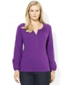 Antiqued brass buttons lend romantic flair to Lauren Ralph Lauren's light and airy cotton plus size jersey peasant top.