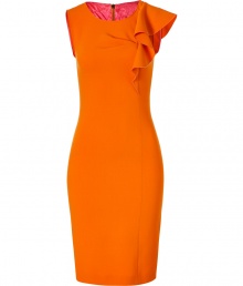 Elevate your daytime style in this figure-hugging feminine sheath from Emilio Pucci - Round neck, sleeveless, pleat detail at bust, asymmetrical ruffle detail at shoulder, fitted silhouette, exposed back zip closure - Wear with nude fishnets and platform pumps